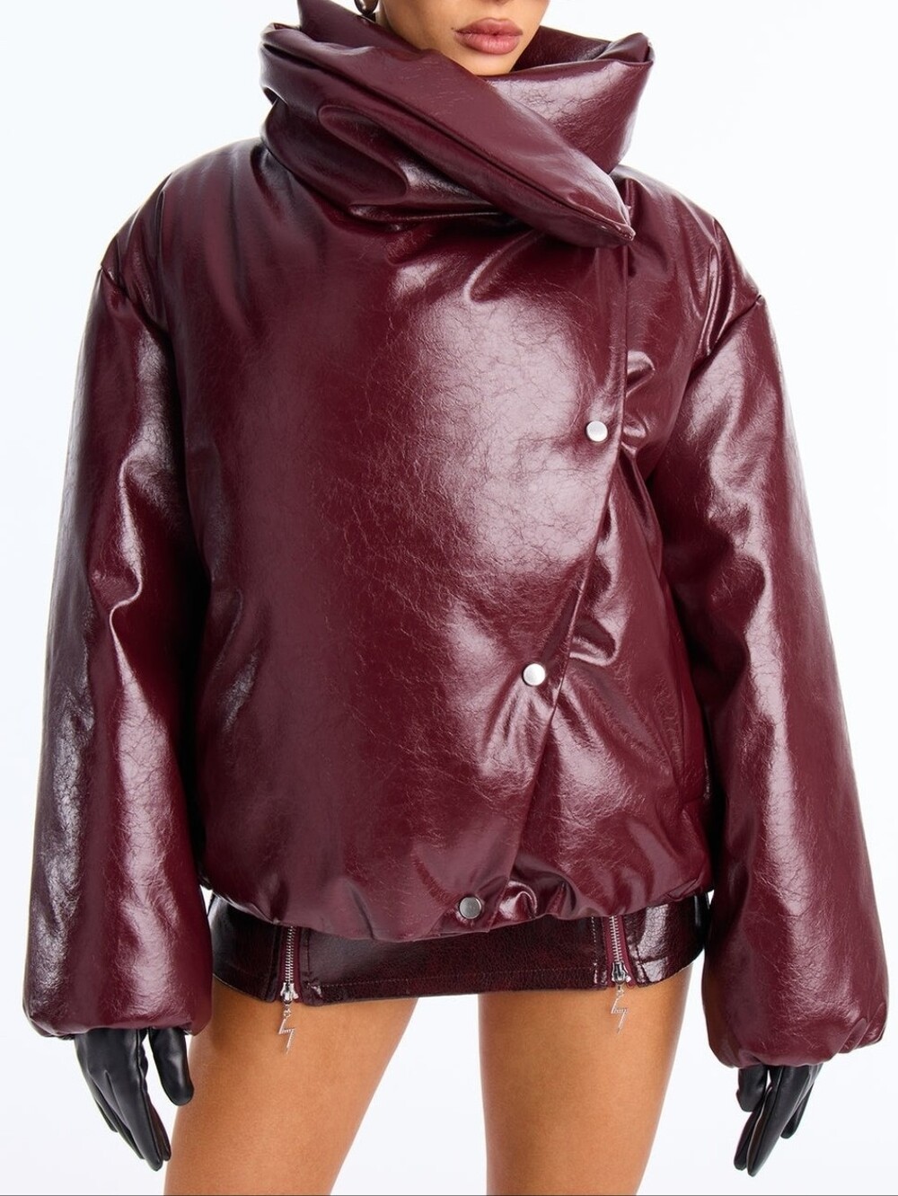 Women’s Burgundy Puffer Jacket with High Collar